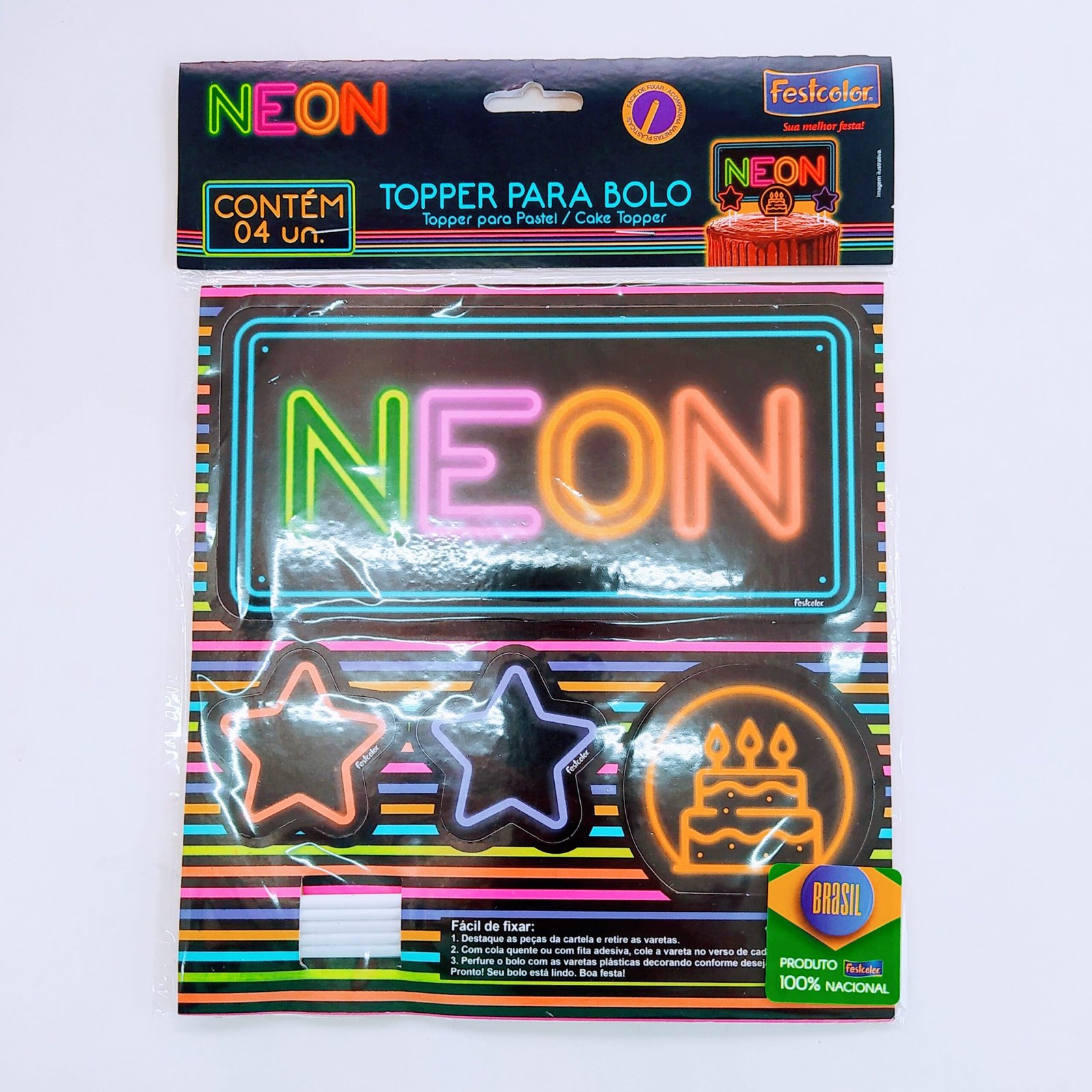 TOPPER PARA BOLO NEON C/04 UN - TOPO DE BOLO NEON C/04 UN - RICA