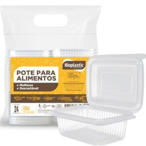 POTE RETANGULAR COM TAMPA ARTICULADA NATURAL 400ML – 24UN