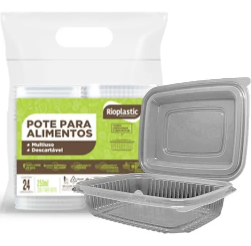 POTE RETANGULAR COM TAMPA ARTICULADA NATURAL 250ML - 24UN